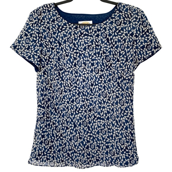Talbots Blouse Womens 4 Blue White Floral 100% Silk Lined Short Sleeve Vintage - Picture 1 of 9